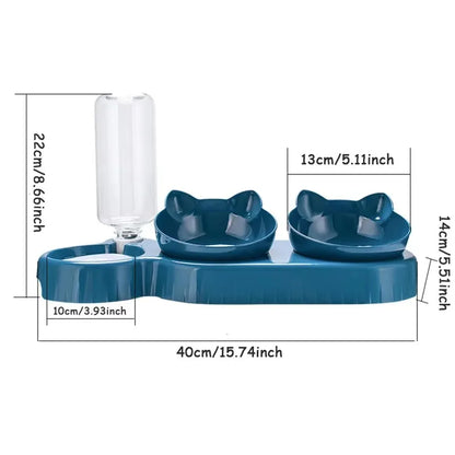 Cat Triple Bowls Pet Feeder with Automatic Drinking Bottle, Tilted Design for Cats and Dogs