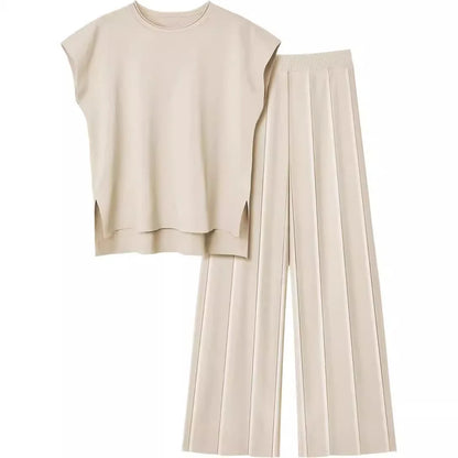 Sleeveless Round-Neck Knit Top, High-Waist Wide-Leg Trousers For Summer – Plush Relaxed Women’s Two-Piece Pant Kit