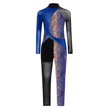Long Sleeve, Snakeskin, Polyester, Nylon, Elastane, For Ballet, Rhythmic Gymnastics – Stretchy Girls Unitard