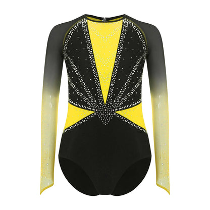 Girls' Stretchy Leotard - flattering, rhinestone-detailed, long-sleeve, mesh-panel, polyester elastane, for gymnastics