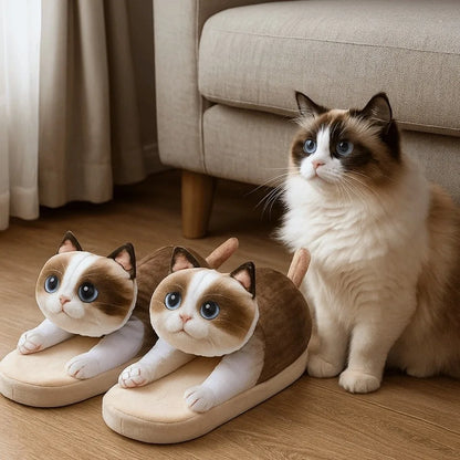 Plush cozy women's cat-face plush slippers - cat-face design, plush upper, EVA sole, indoor wear for winter