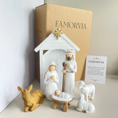 Nativity Scene Large 7-Piece Kit White And Gold Resin Figures Faceless Holy Family Christmas Decor 2025 Gift