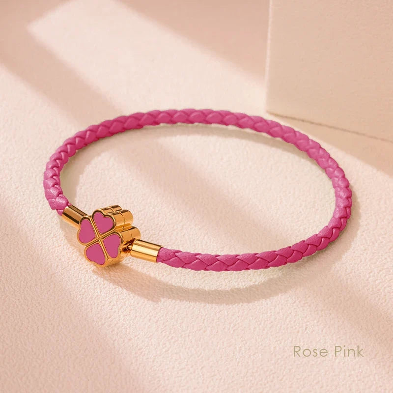 Leaf Four Clover Braided Leather Lucky Bracelet Gift