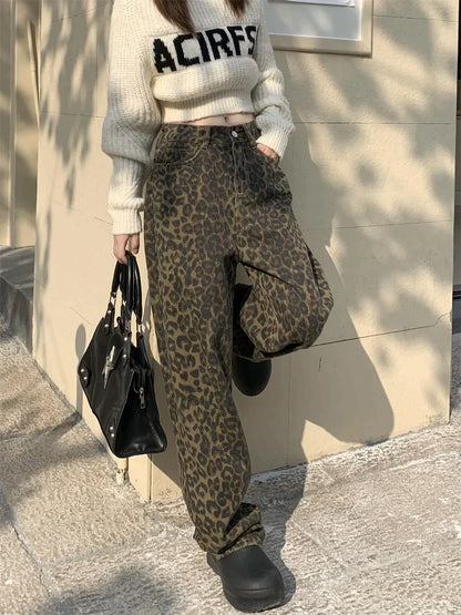 High-Waisted Leopard Print Wide Leg Jeans for Women, Trendy Fit in S-XXL Sizes-3