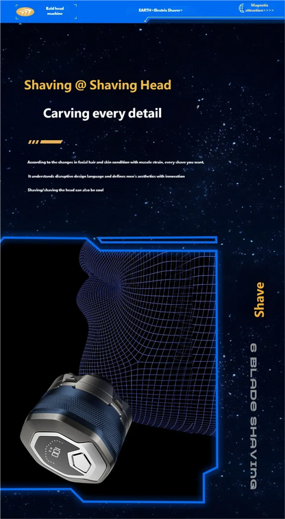 6D Motor-Driven Head Shaver for Men - Water-Resistant Magnetic Rotary Razor with LED Bald Head Hair Trimmer
