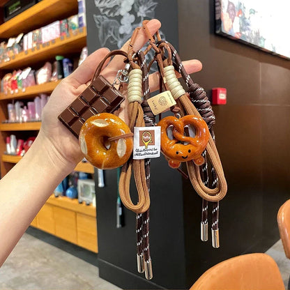 Rope Woven Bowknot Keychain With Cute Pastry Charms
