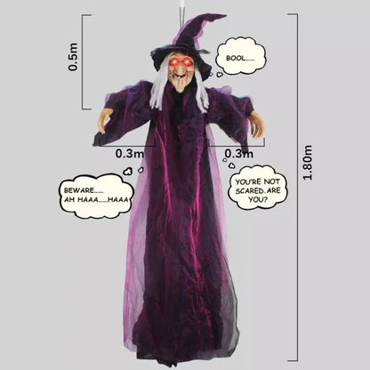 Sound-Activated Halloween Witch with Glowing Eyes and Screeching Sound for Indoor and Outdoor Decor – 6-Foot Life-Size Animated Talking Witch in Purple