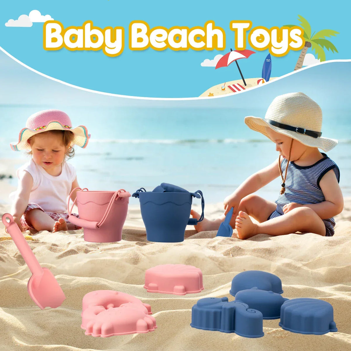 Silicone Beach Toy Kit 8Pc Bucket And Molds Kids Sand Play Summer 2025 Flexible Simple Clean Safe Gift