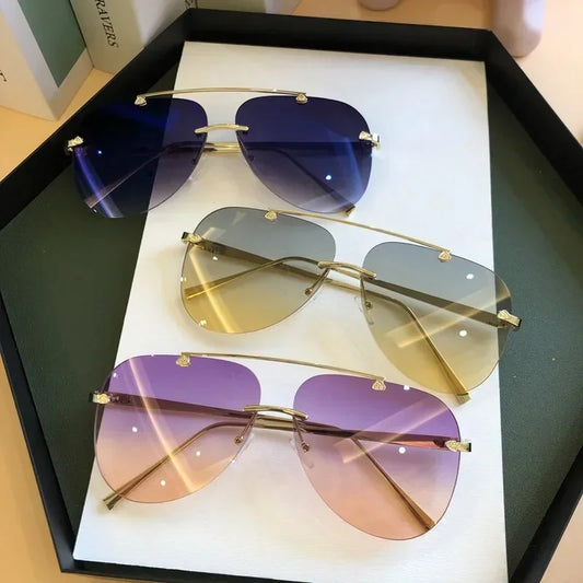 Vintage 2025 Rimless Aviator Sunglasses For Men Women Gradient Shades Black Brown