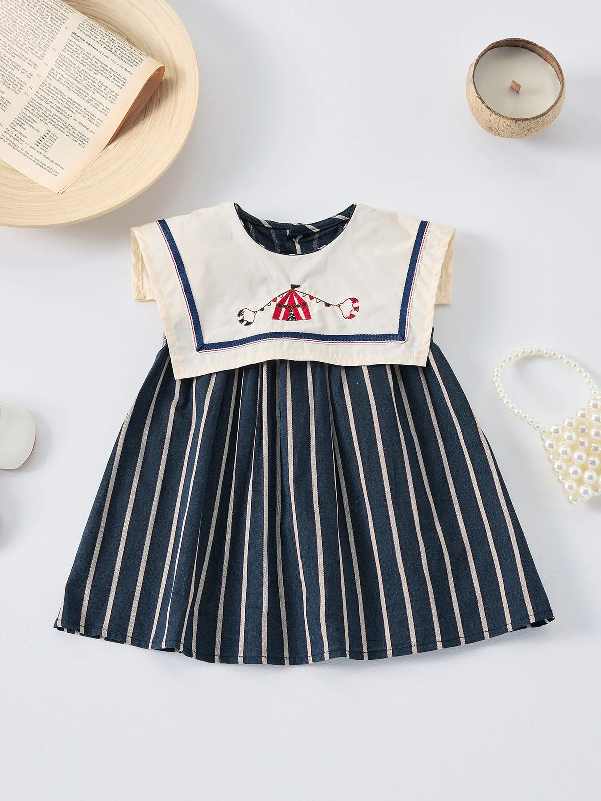Light girls' dress - sailor collar, striped pleated skirt, cotton-elastane blend, summer casual