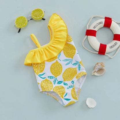 Light Girls' Swimsuit - One-Shoulder Ruffle, Lemon Print, Polyester, Summer Beachwear
