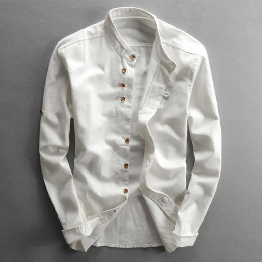 Casual Men's Solid Color Long Sleeve Shirt - Vintage Slim Fit Stand Collar Button Shirt