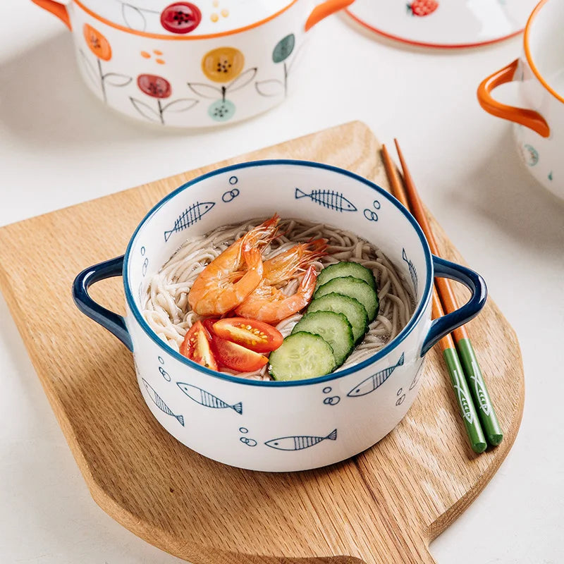 1000ml Ceramic Covered Noodle Bowl Microwave Safe With Lid