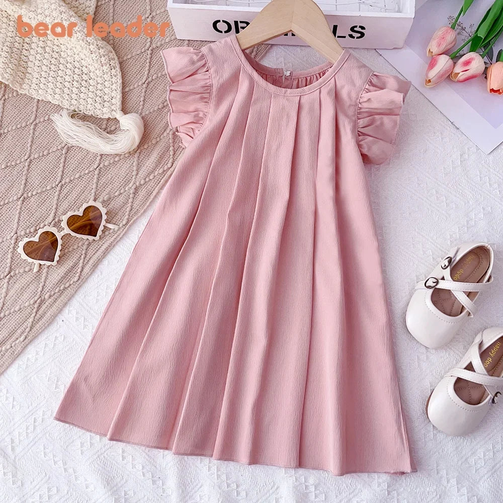 Plush girls' dress - princess, pleated, round-necked, polyester, summer party wear