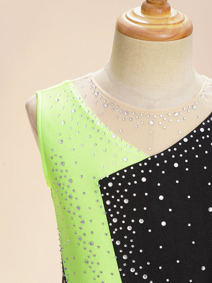 girls' Stretchy leotard - rhinestone mesh yoke, sleeveless, polyester, nylon, elastane, for lyrical dance performance