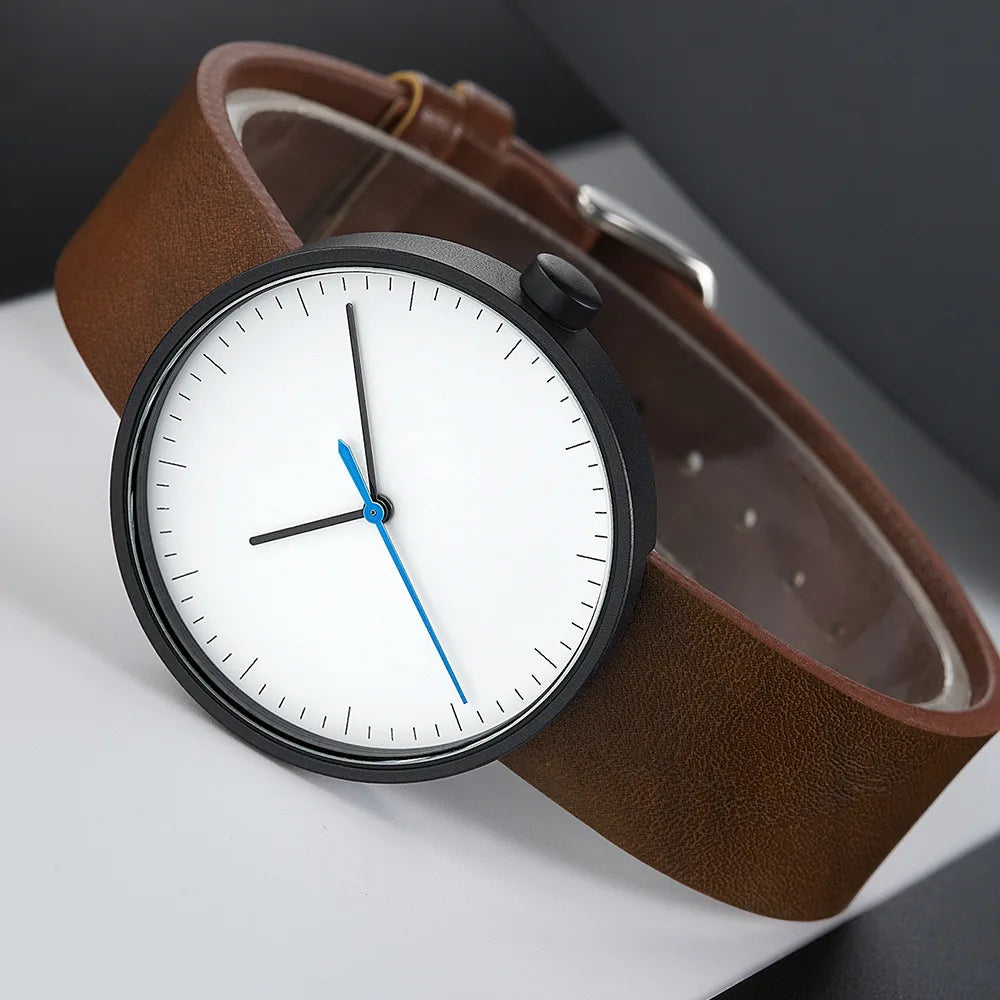 leather strap, round dial, minimalist everyday timepiece – Timeless unisex quartz wristwatch