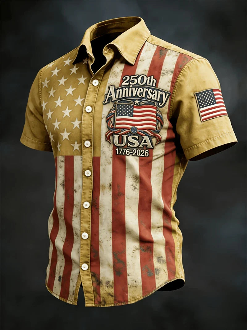 Plush Men's Hawaiian Shirt - Casual Short-Sleeve, 250th Anniversary USA Flag Design, Fourth Of July
