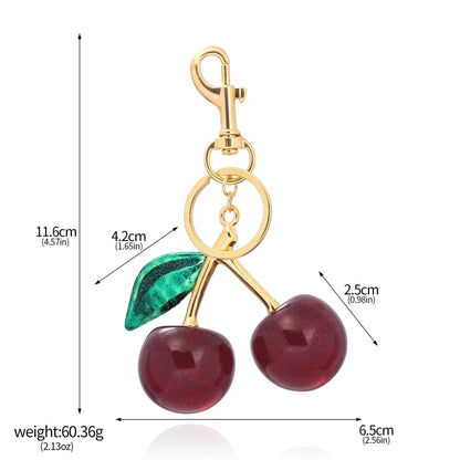 Cherry Red Keychain Bag Charm With Gold Leaf Lobster Clasp