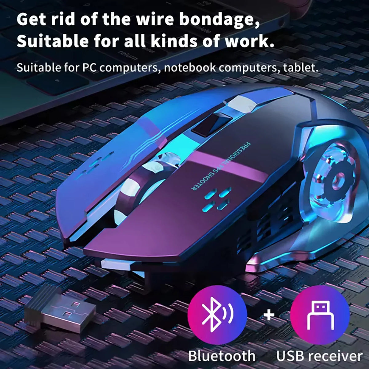 Cordless Battery-Powered Gaming Mouse Bluetooth Silent Backlit