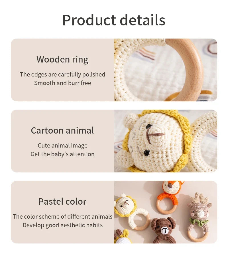 Crochet Wooden Animal Teether Rattle Newborn Sensory Toys
