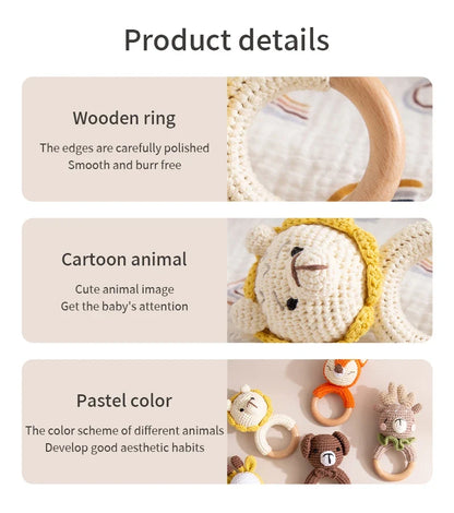 Crochet Wooden Animal Teether Rattle Newborn Sensory Toys