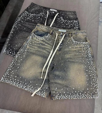 Women's Relaxed Denim Shorts - Straight Knee-Length Cut, Rhinestone Cross Applique, Frayed Hem For Streetwear