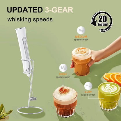 Motor-Driven Milk Frother Hand-Held 3 Speed USB Battery-Powered with Whisk and Chopper, Back to School 2026 Gift