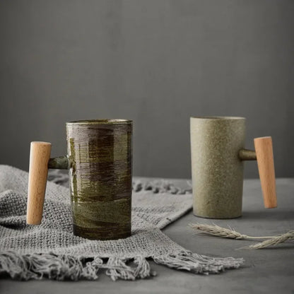Style Japanese Stoneware Coffee Cup - Handmade Mug with Wooden Handle for Couples
