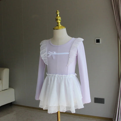Light girls ballet leotard set - puff-sleeve top, tulle tutu skirt, polyester, for dance class