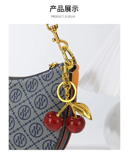 Cherry Red Keychain Bag Charm With Gold Leaf Lobster Clasp
