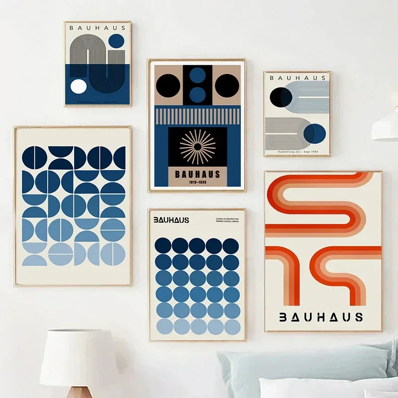 Abstract Blue Bauhaus Canvas Wall Art Contemporary Bedroom