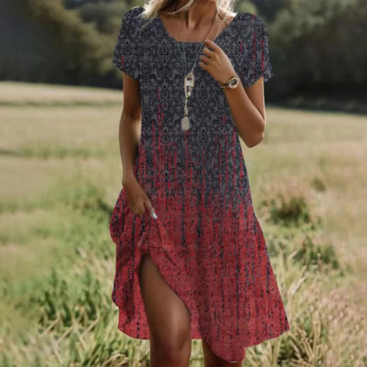 Bohemian Summer Dresses For Women V Neck Short Sleeve Floral Maxi Beach Dress