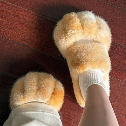 Plush cozy women's slippers - cat-paw design, long-pile plush faux fur, indoor use