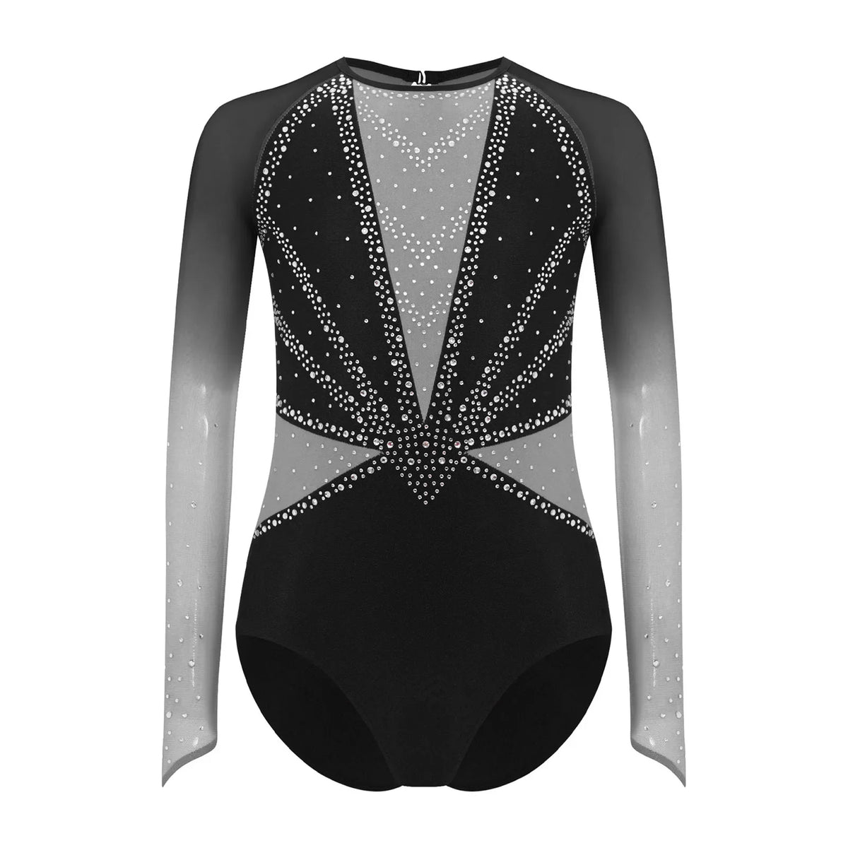 Girls' Stretchy Leotard - flattering, rhinestone-detailed, long-sleeve, mesh-panel, polyester elastane, for gymnastics