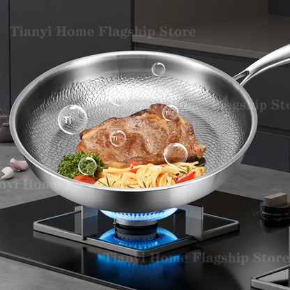 Gas and Induction Compatible Kitchen Cookware – Titanium-Coated Stainless Steel Non-Stick Wok Pan