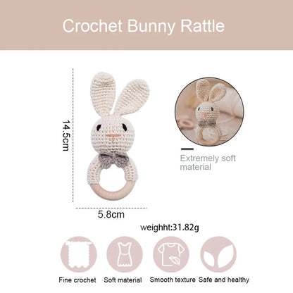 Crochet Wooden Animal Teether Rattle Newborn Sensory Toys