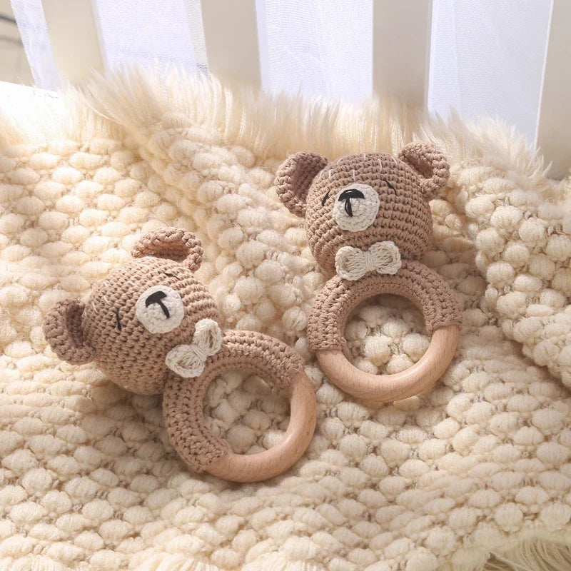 Bear Crochet Teether Rattle Ring Newborn Sensory Toys