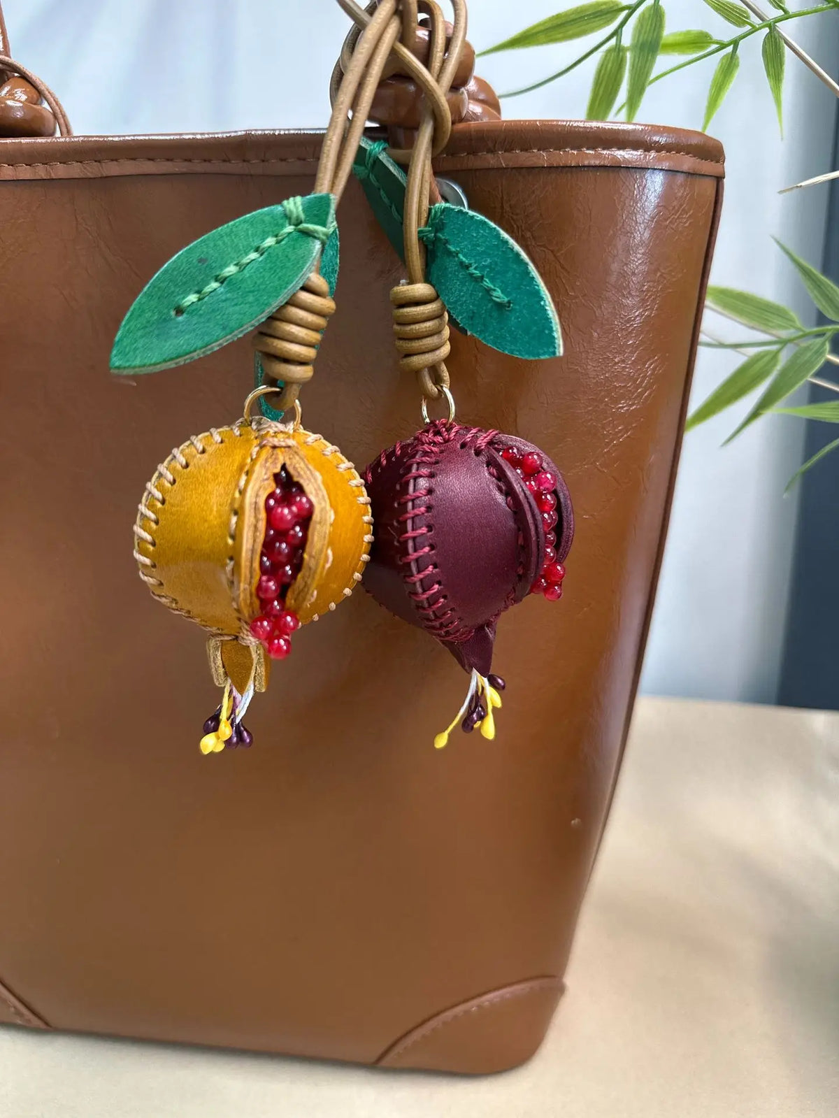Leather Pomegranate Charm Keychain Bag And Car Decor
