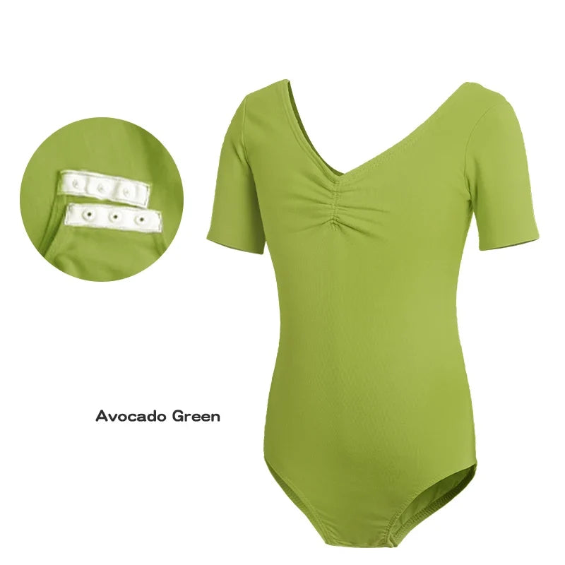 Plush girls' ballet leotard - short sleeve v-neck ruched, cotton knit, for dance practice and classic classes