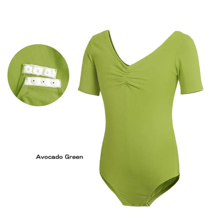 Plush girls' ballet leotard - short sleeve v-neck ruched, cotton knit, for dance practice and classic classes