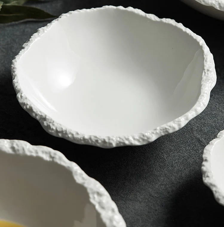 White Porcelain Rock Edge Soup Bowl Contemporary Tableware