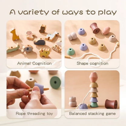 Wooden Stacking Toy Kit for Babies and Toddlers, Montessori Animal Threading Toy, Educational Fine Motor Skills Development