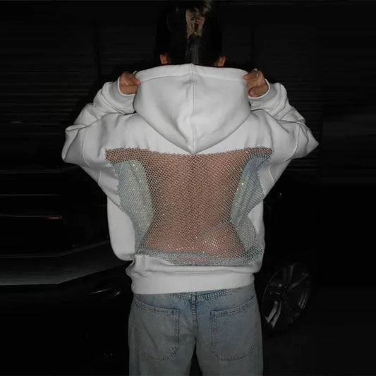Relaxed Oversized Women’s Hooded Pullover - Boxy Hollow-Back Cut, Blended Fabric With Mesh Back, For Streetwear