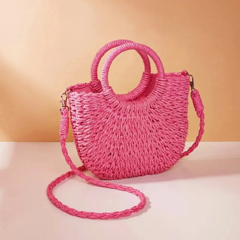 Straw Bag Organic Handwoven Half Moon Beach Tote Crossbody Bag Large Capacity Summer 2026 Vacation Accessory