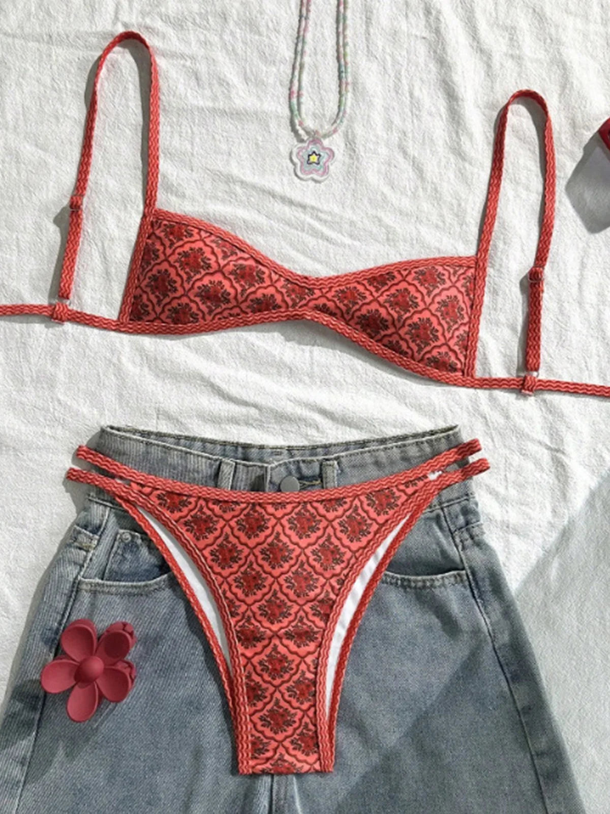 high-leg cut floral print, polyester, elastane, for swimming – Fast-dry women's bikini set