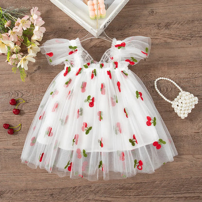 Light flowy girls' dress - knee-length tulle, floral print, polyester, for weddings