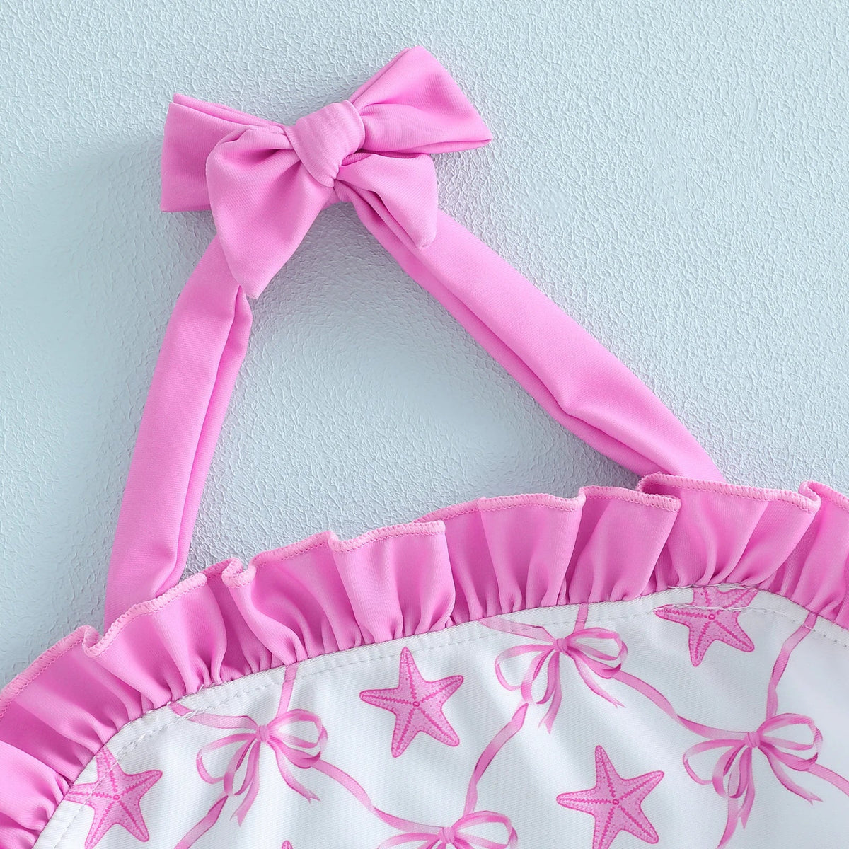Light girls' bikini set - halter top, starfish print, ruffle trim, polyester, for summer beach