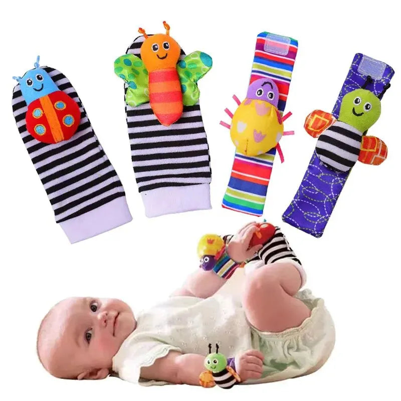 4-Piece Baby Rattle Toy Kit with Animal Socks and Wrist Straps for Infants 0-12 Months - Great Gifts for 1 Year Old