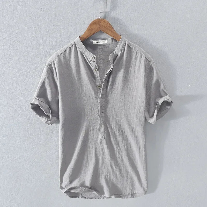 Cotton Breathable Linen Shirt High End Loose Fit, Short Sleeves Half-Open Collar