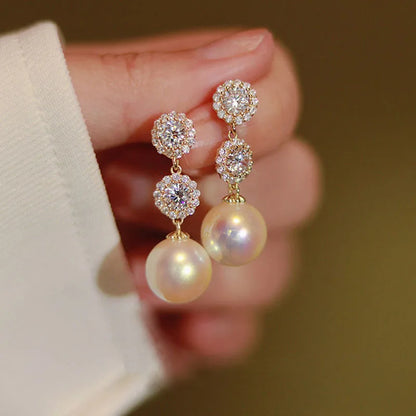 Korean Style Party Jewelry, Fall 2026 Gift Idea – Crystal Flower Earrings Pearl Drop Gold Tone